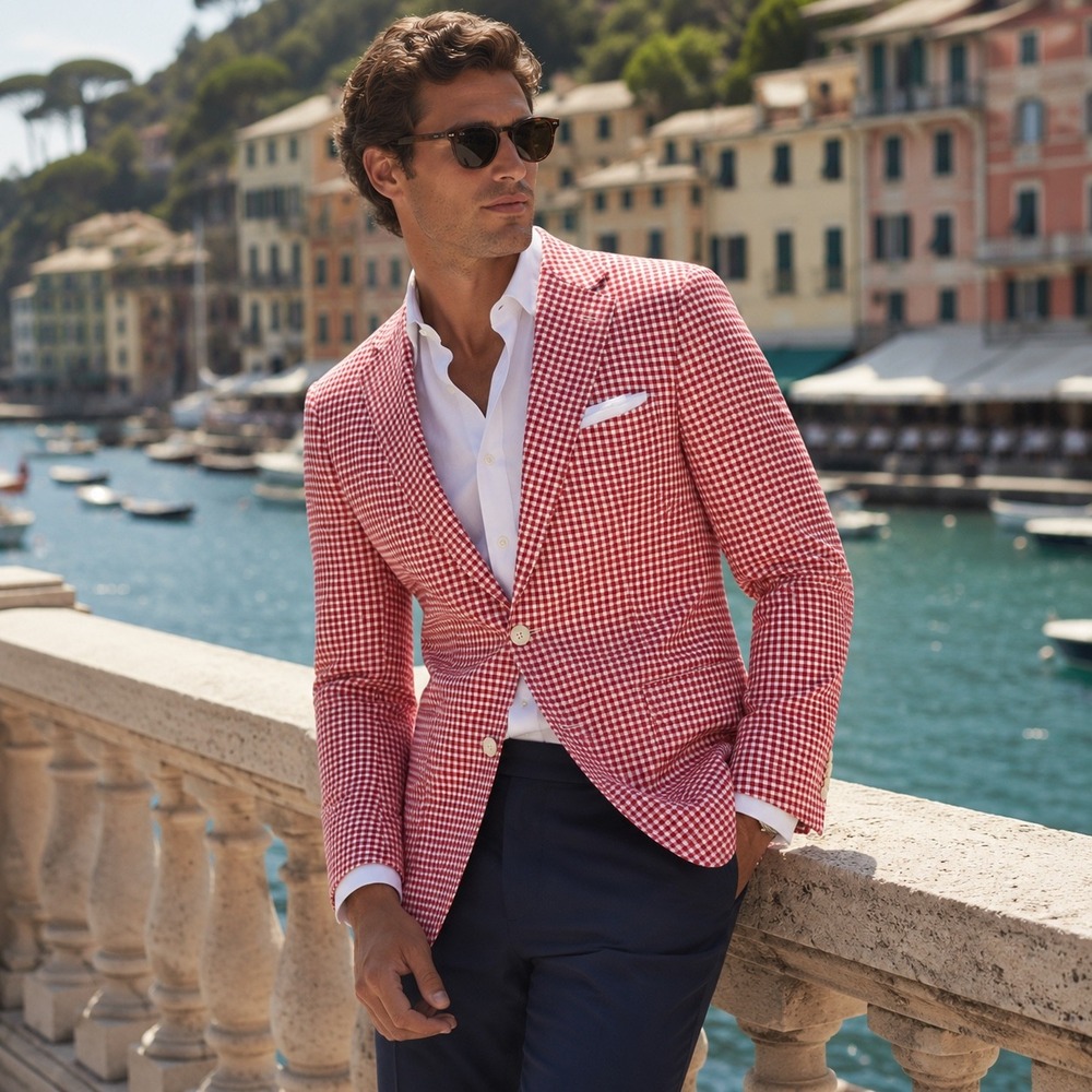 Tallia Gingham Linen Sport Coat Blazer Mens 38S Red White Check Summer Jacket